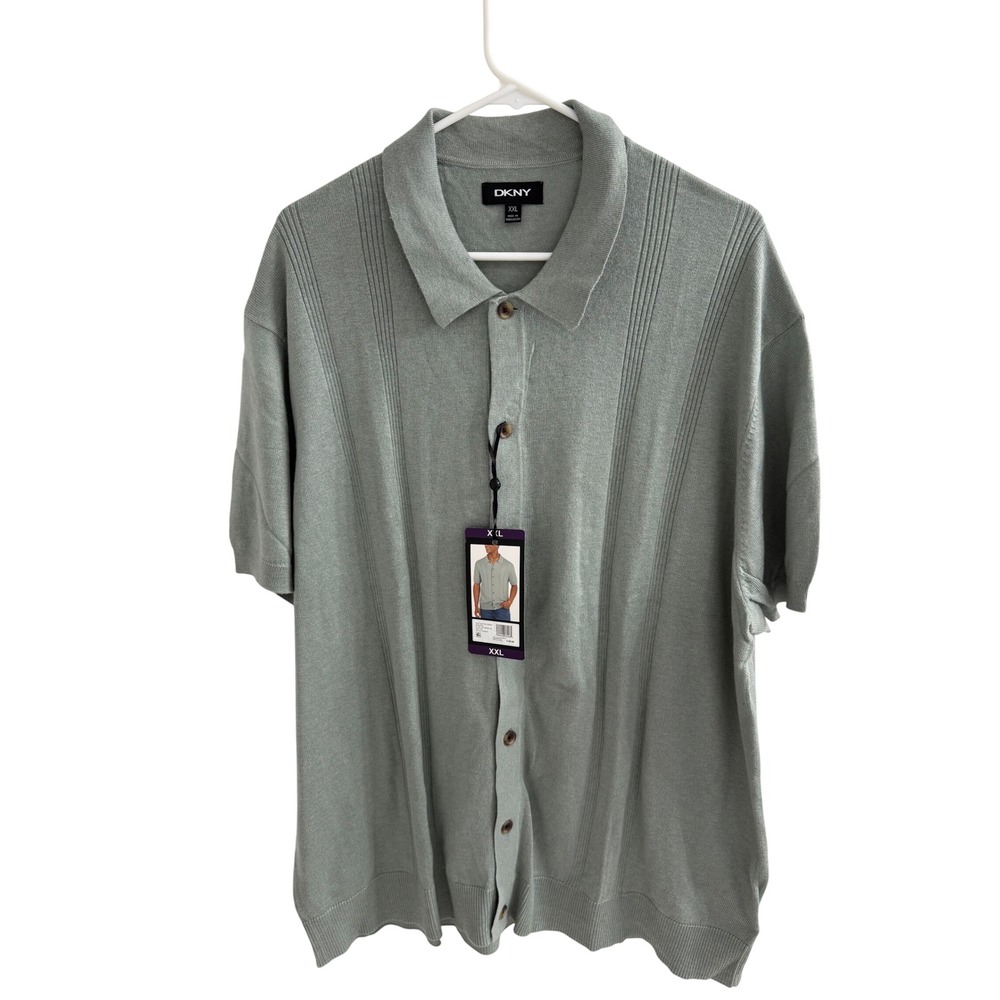DKNY Mens Button Front Sweater Polo Green Short Sleeve Knit XXL DK16SR2512C